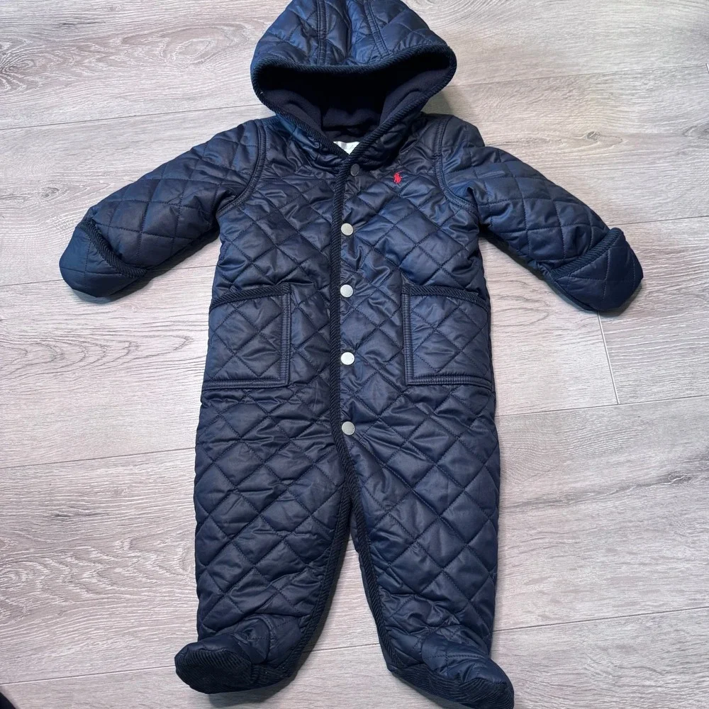 Ralph Lauren Kids Navy Blue Quilted Bunting Snowsuit Hooded Fleece Lined 6M‎